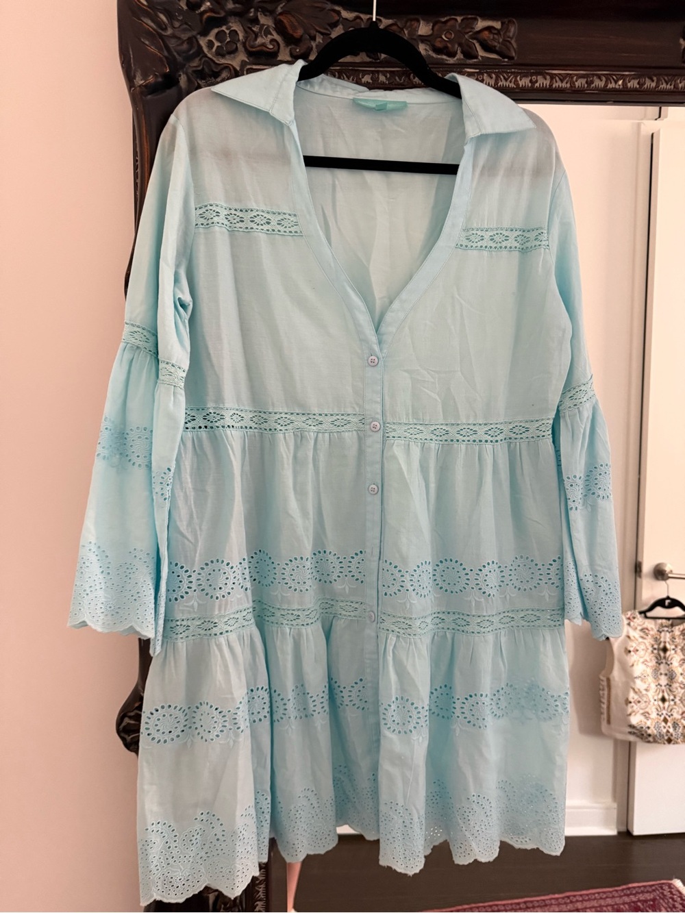 Light Blue Eyelet Button-Front Tunic Dress